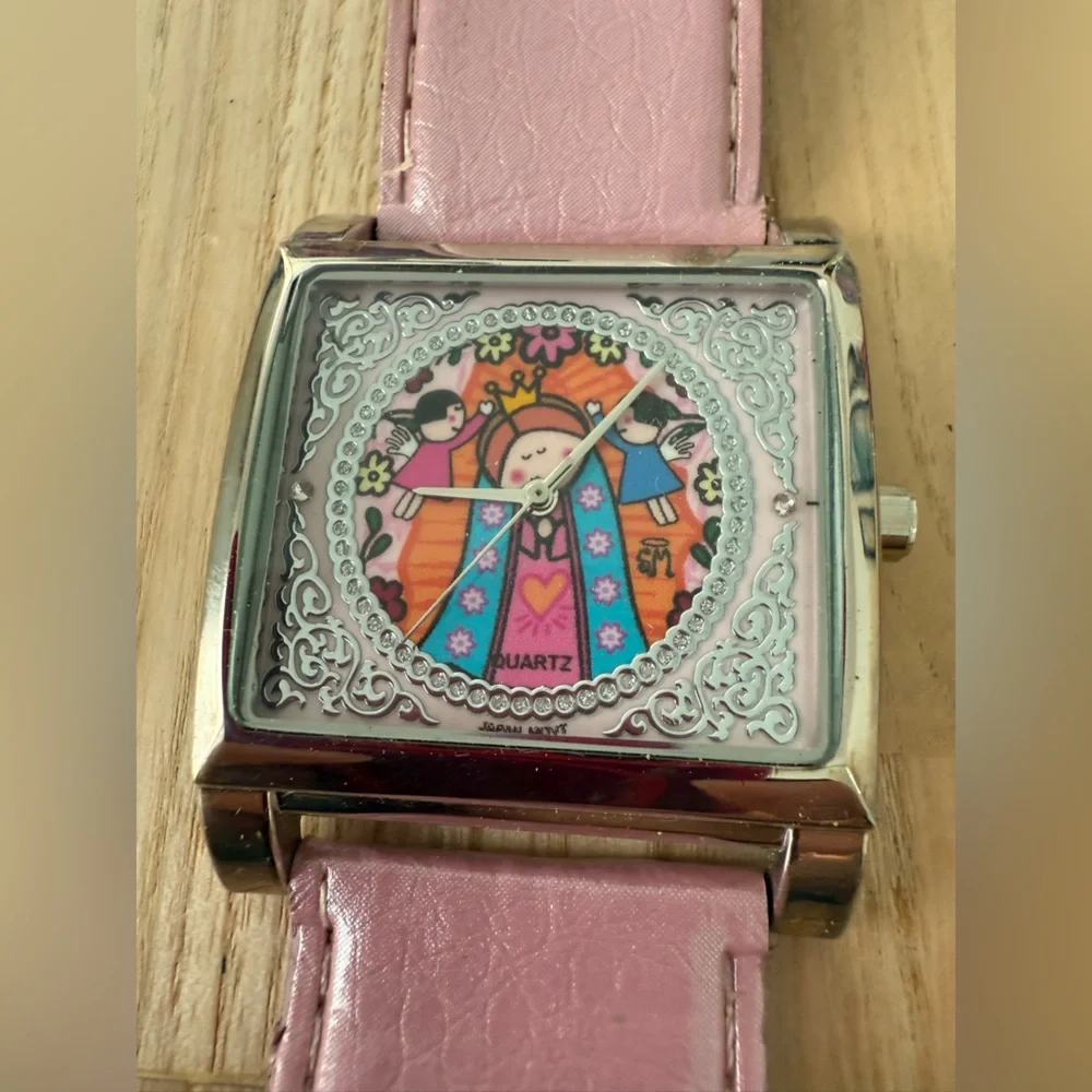 Unbranded ladies rectangular silver tone Christian angels pink watch NEW BATTERY